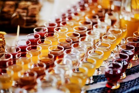 Selection of alcoholic drinks. Set of wine, brandy, hard liquor, liqueur, tincture, cognac, whiskey in glasses. Large variety of alcohol and spirits drink.の写真素材