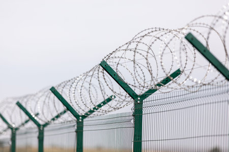 Fencing of sensitive sites with barbed wire. Barbed wire. Restriction of freedom. Prison fence....