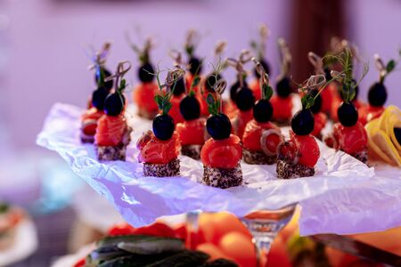 Beautifully decorated banquet table with cold snacks with meat, egetables and cheese . A variety of delicious delicious snacks on the table.の写真素材