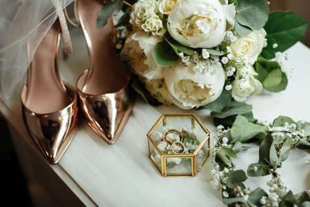 Wedding accessories on the dressing table: a bridal bouquet of white peonies, wedding rings in a glass box, gold shoes. wedding morning preparation.の写真素材