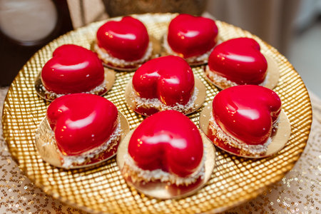 candy bar. Fashionable mousse cake in the form of a heart with red mirror glaze and coconut flakes...