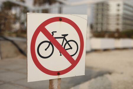 bicycle sign is forbidden in the city. Traffic sign no biking . Stop or ban sign with cyclist iconの写真素材
