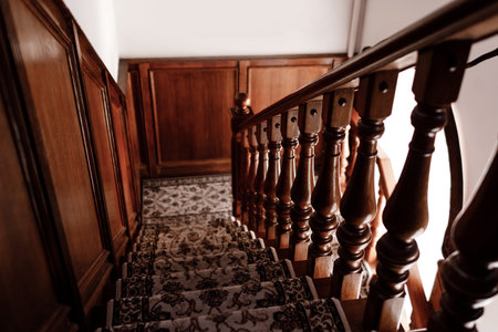 Interior of stairs, rustic Stairs made of wood inside the house. Stairs structure. selective focus.