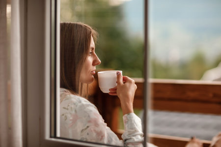 young woman in stylish nightwear enjoy drinking coffee or tea outdoor on balcony in the morning and...