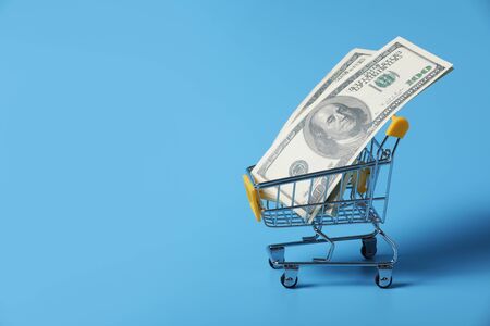 Dollar bills in shopping cart on shopping isolated on a blue background. close-up of shopping trolley. Medicine concept with copy spaceの写真素材