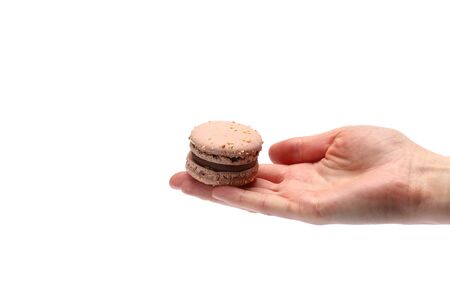 Tasty colorful chocolate macaroon or macaron in female hand isolated on white backgroundの写真素材