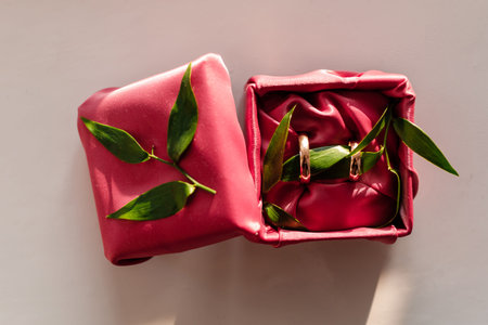 Red box with two gold wedding rings and greens on white background. wedding day.