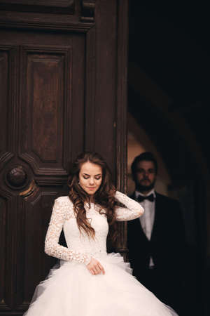 Happy newlywed. beautiful bride and stylish groom are hugging on the balcony of old gothic cathedral with panoramic city views.の写真素材