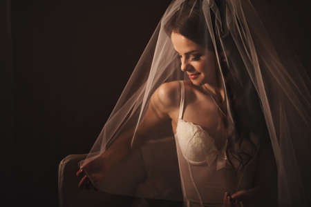 Morning preparations. Close Up shot of elegant bride in white lingerie posing under veil closeup on dark background.の写真素材