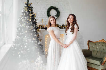 Beautiful bride in luxury wedding dress and pretty bridesmaid in dresse in decorated christmas studio. weddind in Christmas.の写真素材