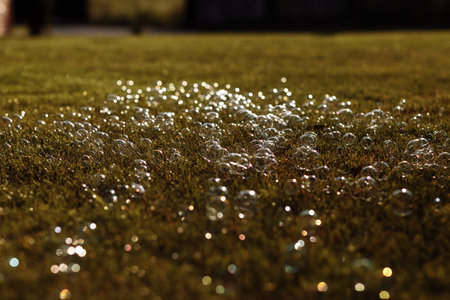 soap bubbles on the grass. selective focus