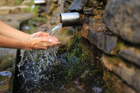 Woman collect pure water in hand palm from the source in the wall, hold and drink it. Female hand...