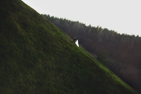 bride and groom go up a green hill in summer. photo from afar. wedding dayの写真素材