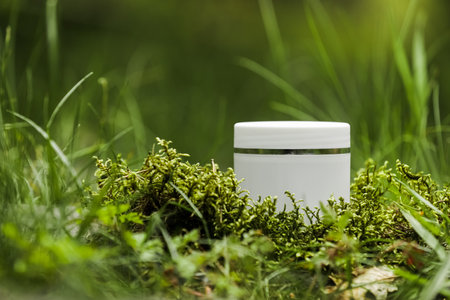 Cosmetics, skin care, beauty, body treatment concept. White cosmetic jar, tube, bottle on green moss background. Top view. Mock-up. Vegan eco friendly. Biophilic design.の写真素材