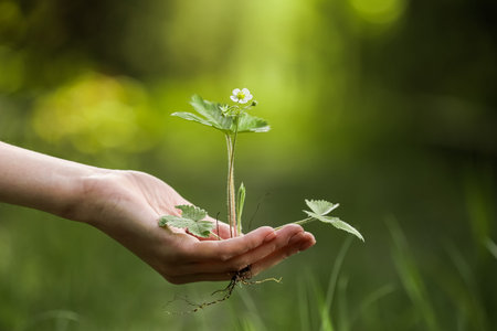 environment Earth Day In the hands of trees growing seedlings. Bokeh green Background Female hand...