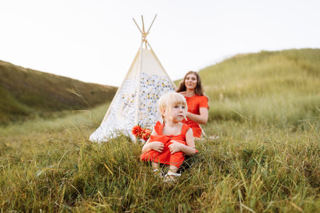 young beautiful mother and little daughter walking on nature on summer day vacation. Mom and girl playing in the field at the sunset time. mothers day. Concept of friendly family.の写真素材