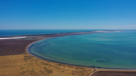 Aerial drone view of blue sea, sky and coastline. Beautiful tropical beach from top view. black sea in Ukraine. Summer holiday vacation concept. travel inspiration.の写真素材