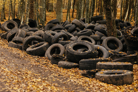 Old automobile tire thrown out in a forest. noise is present