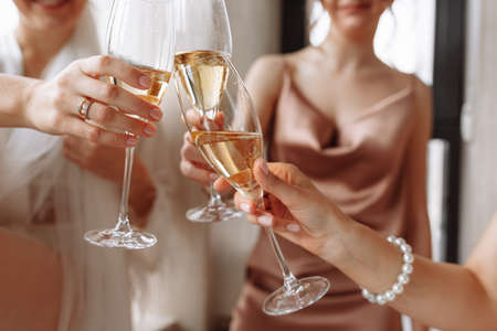 Gorgeous bride with best bridesmaids are holding glasses and drinking champagne in hotel bathroom near the window. Sexy bridesmaids in exciting negligee. Wedding morning details.の写真素材