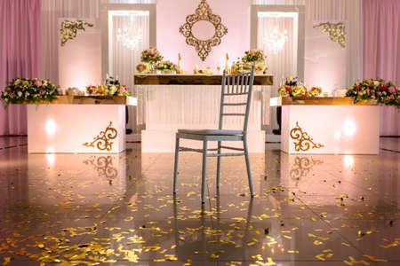 Beautiful decorated festive wedding table. Table decorations for a lavish and festive dinner. selective focusの写真素材