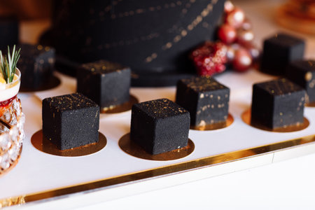 French mousse cake covered with dark chocolate icing. Modern European dessert decorated with gold....