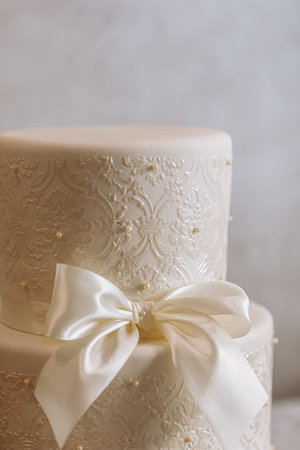 white wedding cake. Wedding cake detail - a ribbon with pearlsの写真素材