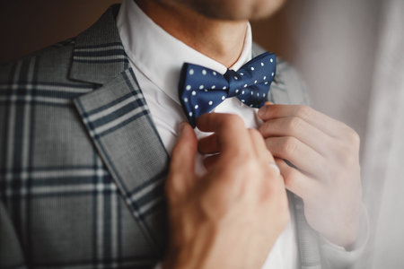 Man the groom in a wedding formal costume with butterfly. Suit, Hands, care, tie, to correct, to...