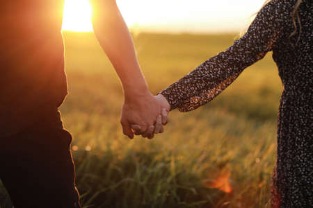 loving couple holding hands at sunset in the meadow on summer day while walking. cropped photo. selective focus.の写真素材
