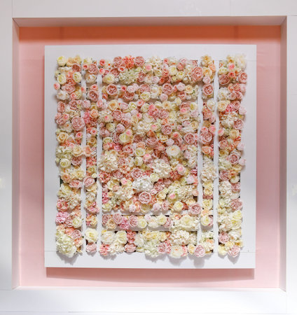 Flowers wall background with amazing pink and white roses, peonies and hydrangeas, wedding...