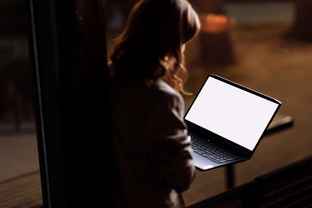 successful beautiful young businesswoman working in cafe in dusk. female is using laptop while...