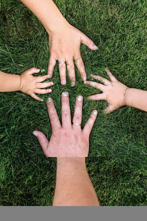 mothers, fathers and childrens hands on green grass. happy family, childhood concept. Day of mother, father, child. Family spending time together in nature. summer vacation conceptの写真素材