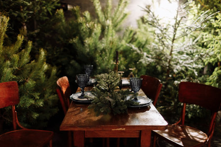 Christmas or new year decoration of interior. Wooden rustic table with a lot of fir trees on background. Table setting with glasses, plates and Xmas composition of bouquet of fir branches on it.の写真素材