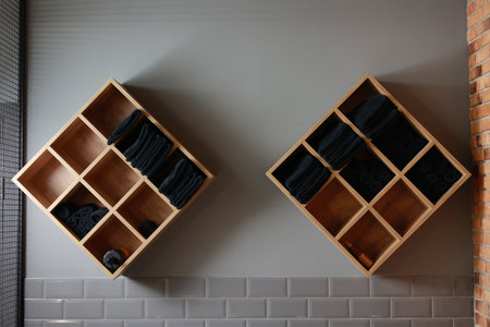 Stack of many clean black towels on two wooden shelves on white wall background for customer of spa, barbershop, or gym, beauty salon and tourist take it to shower in the bath roomの写真素材