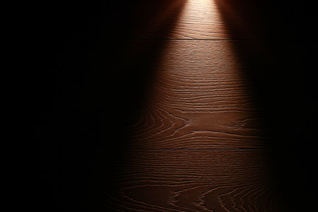 strong light source from flash light shining on the floor in the dark. Surface with copy space. power age. collapse of the power system. Flashlight and a beam of light in darknessの写真素材
