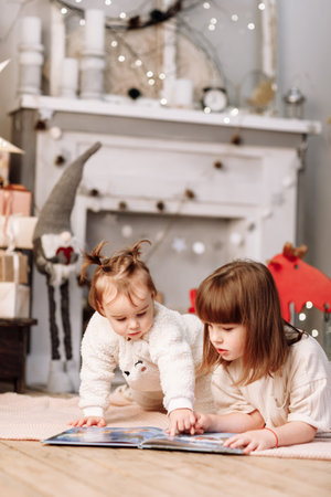 Two happy little child girls sitting on floor and reading a story book together by fireplace in a decorated cozy light living room on winter holiday. Celebrating Xmas and New Year at home with family.の写真素材