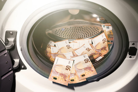 50 euro banknotes inside the washing machine. Money laundering symbol. tax evasion. Illegal...