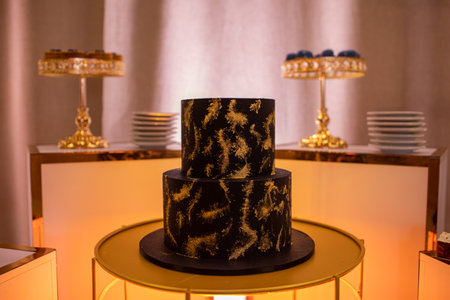 luxury candy bar. Festive chocolate two-tiered cake decorated with golden decor on table for party, birthday, valentines day, wedding. Assortment of delicious dessert and plates on stands on background.の写真素材