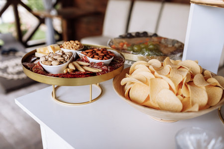 Appetizers table with different antipasti, charcuterie, snacks, variation of nuts, cheese, potato chips. Finger food buffet party. Traditional french or italian entiresの写真素材