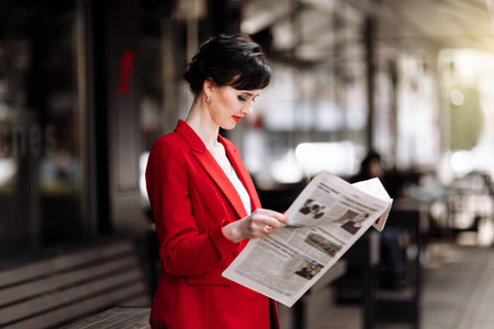 Stylish beautiful brunette woman wearing red jacket holds newspaper and reads news in the morning outdoors by the office centre. Elegant businesswoman has a break for new information.の写真素材