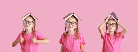 Back to school concept. Banner of smiling little school girl with different gesture, emotions and grimaces in glasses holds book over head like roof isolated on pink background. Child shows thumbs up.の写真素材