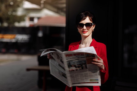 Stylish beautiful brunette woman wearing red jacket holds newspaper and reads news in the morning outdoors by the office centre. Elegant businesswoman has a break for new information.の写真素材
