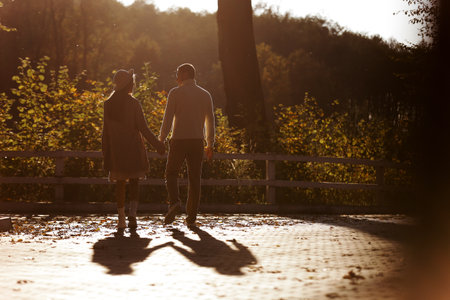 Back view of silhouette of a couple lovers walking holds hands in the park at sunset. Love, youth, happiness concept. Lovely romantic moment between young man and woman in love. Happy familyの写真素材
