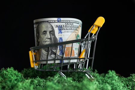 100 US Dollar in mini shopping cart on green moss and black background. shop trolley. Conscious consumption. Discount, shopaholicism, business, finance, online shopping, money saving, ecology concept.の写真素材