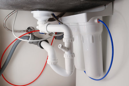 House water filtration system, Reverse osmosis. Installation or replacement cartridges of water purification filters under kitchen sink in cupboard. Clear water concept. World Water Day.の写真素材