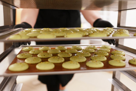Chef placing a tray full of colorful macarons on a metal shelf with another macaroons, situated in a bakery. Process of making delicious french dessert. Confectionery in the pastry workshopの写真素材