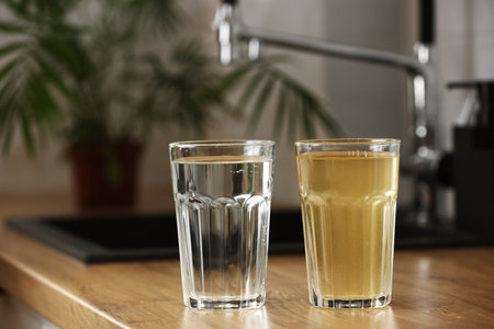 House water filtration system to drinkable condition. Glass of clear water after reverse osmos filtration and glass of dirty water on tabletop on kitchen. Evidence of contamination of tap water.の写真素材