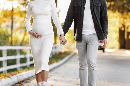 Pregnancy and Parenthoods concept - man is walking with pregnant wife in autumn park. Happy styling young family is relaxing outdoors on weekend on sunny dayの写真素材
