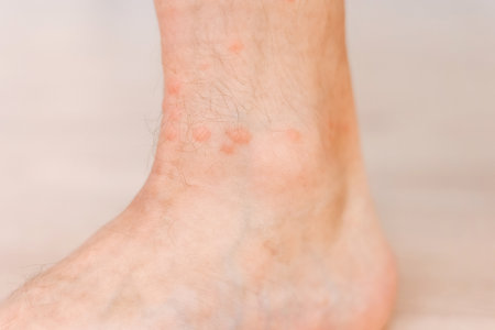 Close up allergic rash dermatitis eczema on man foot. Leg with red rash caused by insect bites. Dermatitis, folliculitis, fungal infection. Affected area of skin to turn red and blotchy and to swell.の写真素材