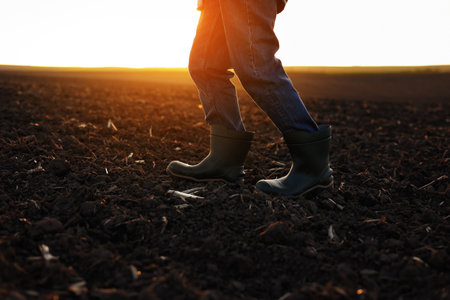 agriculture. Cropped shot of view businessman farmer in rubber boots walks along plowed field. Agronomist checking and analyzes fertile soil on sunrise. Agribusinessの写真素材