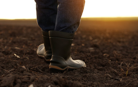 agriculture. Cropped shot of back view businessman farmer in rubber boots walks along plowed field. Agronomist checking and analyzes fertile soil on sunrise. Agribusinessの写真素材
